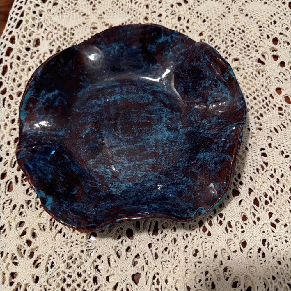 Handcrafted Blue and Brown ruffled edge Ceramic Dish/Tray